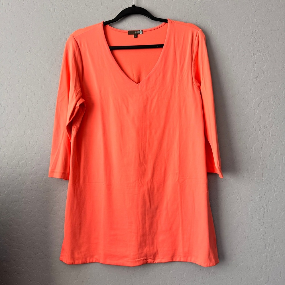 JudyP Large Tunic Top Coral Orange 3/4 Sleeve VNeck Microfiber Stretch Side Slit